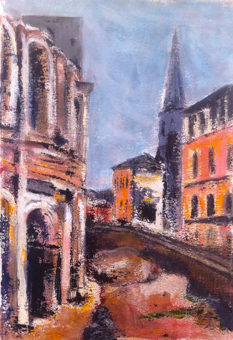 N°1420 - Rond-point des Arènes à Arles - Acrylique et pastel sur papier - 54,5 x 37 cm - 14 mai 2014