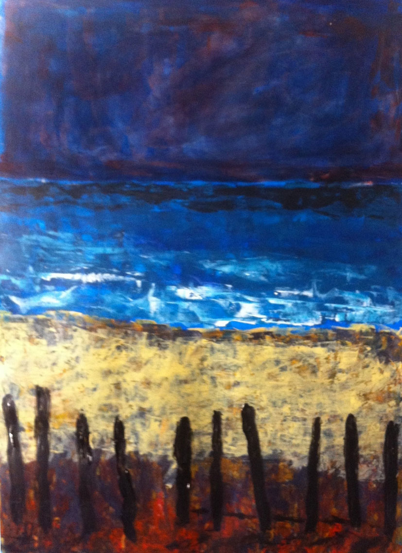 N°1069 - Bord de mer aux ganivelles - Acrylique sur papier - 59 x 43 cm - 21 janvier 2014