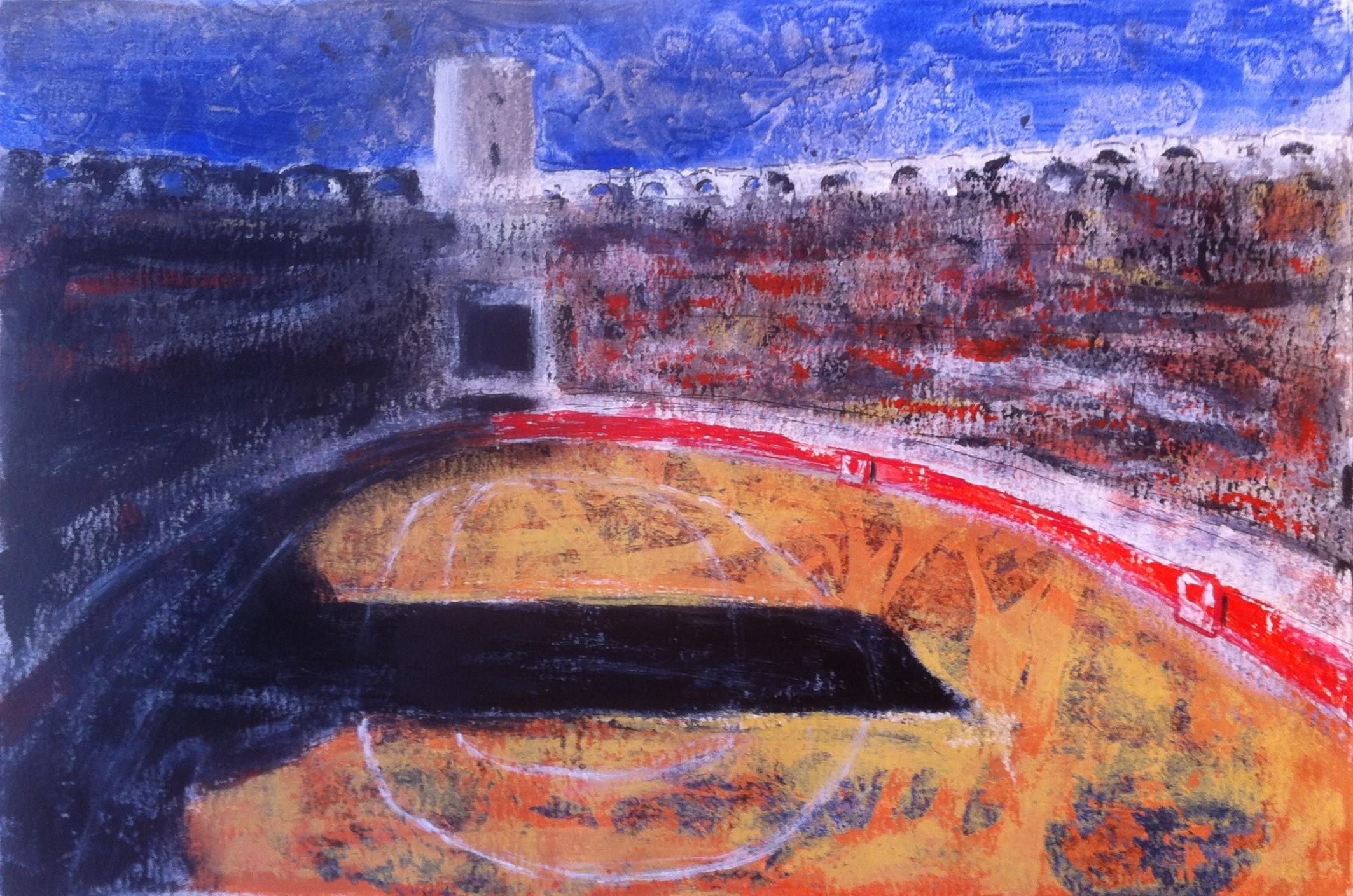 N°1366 - Sol y sombra aux arènes d'Arles un dimanche pascal - Acrylique sur papier - 37 x 55 cm - 23 avril 2014