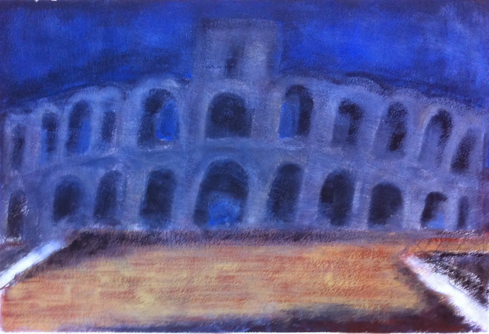 N°691 - Coup de mistral sur les arènes d’Arles - Acrylique sur papier - 36 x 53,5 cm - 8 octobre 2013